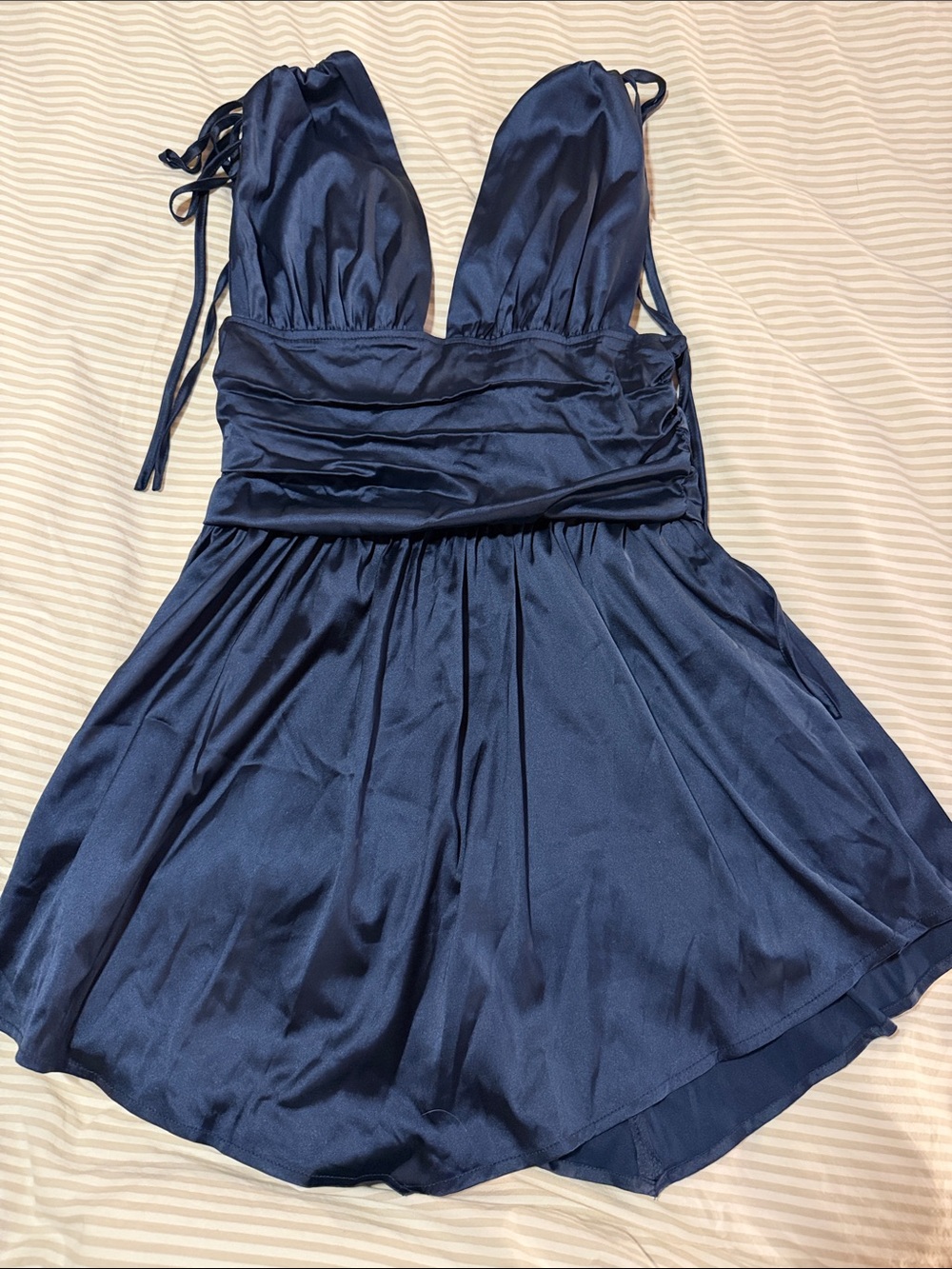 Cider Navy Satin Plunge Mini Dress with Ruched Waist